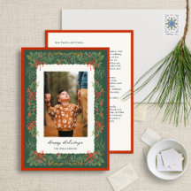 Forest Green Botanical Border Photo Holiday Card