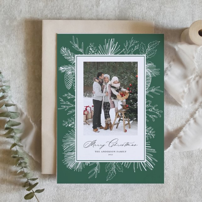 Forest Green Botanical Frame Photo Christmas Holiday Card (Creator Uploaded)