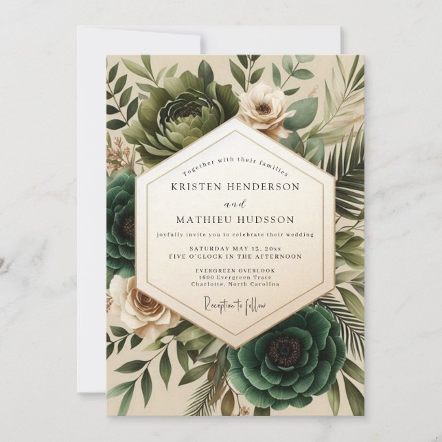 Forest Green Botanical Romance Wedding Invitation (Front)