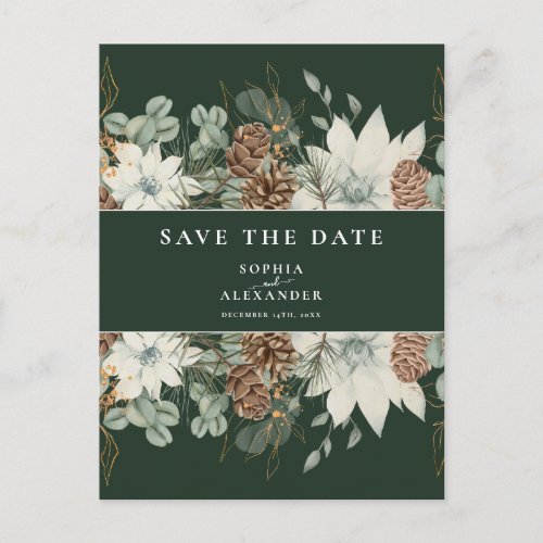 Forest green botanical watercolor  save the date postcard