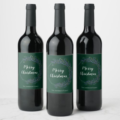 Forest Green Botanical Wreath Merry Christmas Wine Label