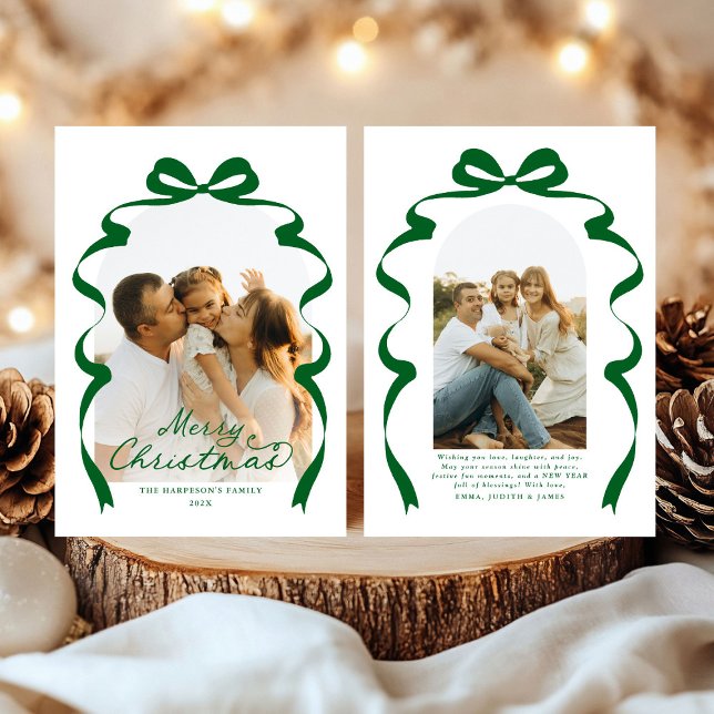Forest Green Bow Photo Merry Christmas Arch Holiday Card (Creator Uploaded)