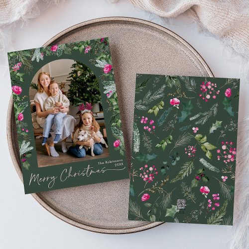 Forest Green  Bright Pink Botanical Arch 1 Photo Holiday Card