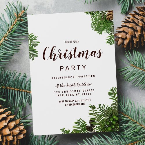 Forest green brown pinecones leaves Christmas Invitation