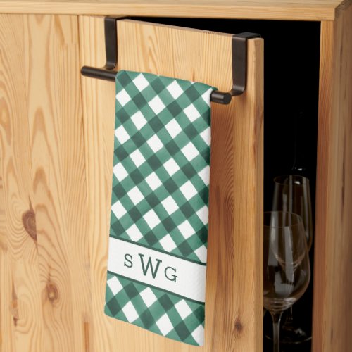 Forest Green Buffalo Plaid Three Initial Monogram Kitchen Towel