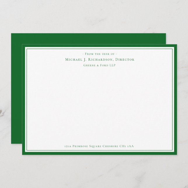Forest Green Business Monogram From The Desk of  Note Card (Front/Back)
