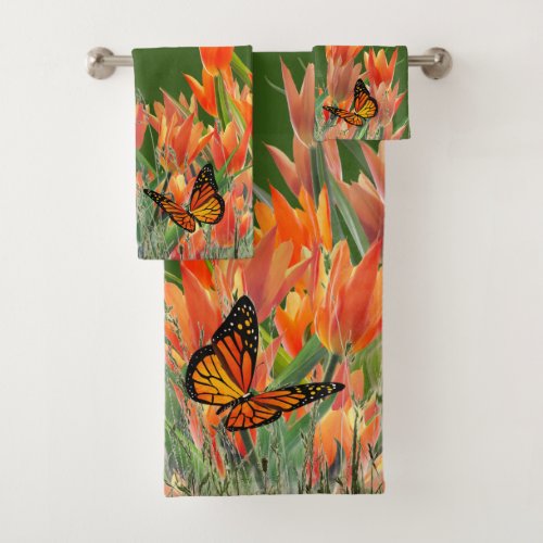 Forest Green Butterflies  Tulips Bath Towel Set