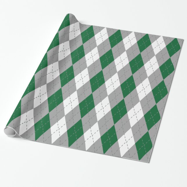 Forest Green Charcoal Dk Gray Wht XL Argyle Wrapping Paper (Unrolled)