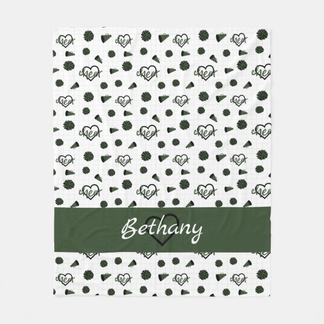 Forest Green Cheer Hearts, Pom Poms, Megaphone Fleece Blanket (Front)