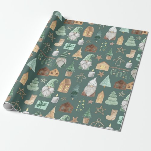 Forest Green Christmas Gnomes Wrapping Paper