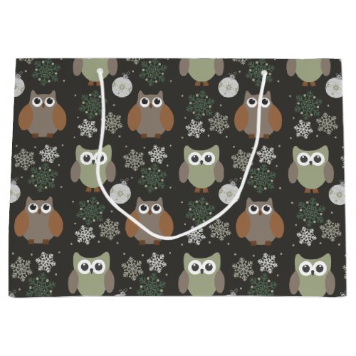 Forest Green Christmas Owls Snowflakes Holiday Large Gift Bag