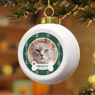 Forest Green Christmas Plaid Custom Cat  Ceramic Ball Christmas Ornament