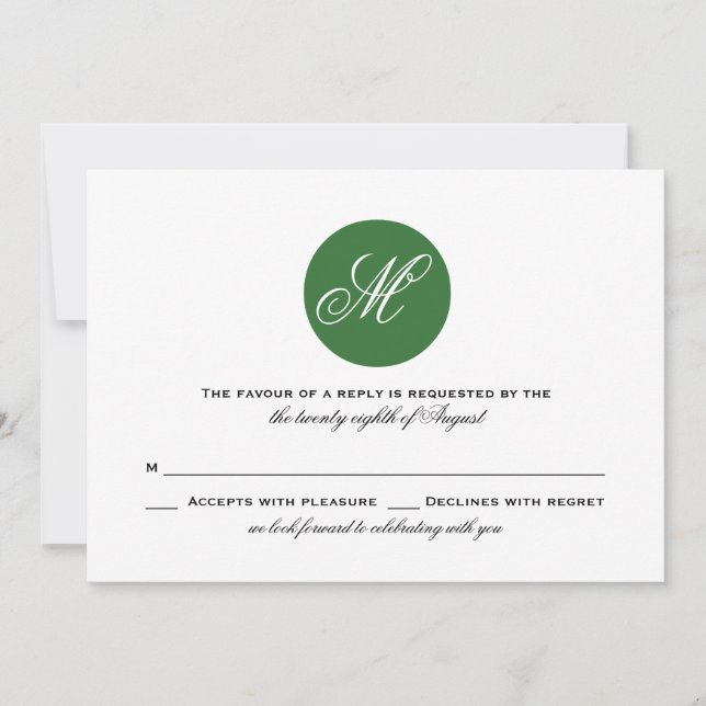 Forest Green Circle Monogram Wedding RSVP Card (Front)