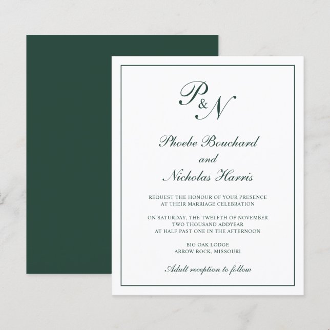 Forest Green Classic Elegant Budget Wedding Invite (Front/Back)