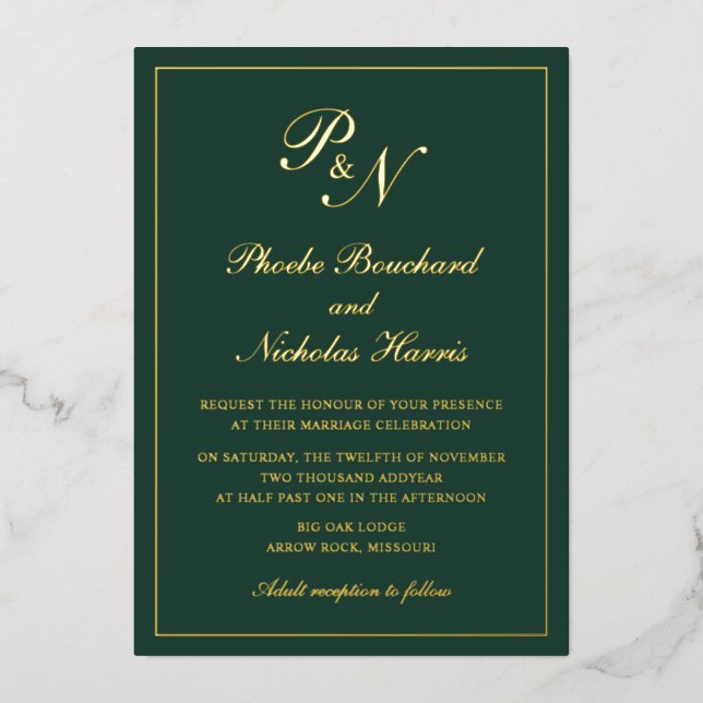 Forest Green Classic Elegant Wedding Foil Invitation (Front)