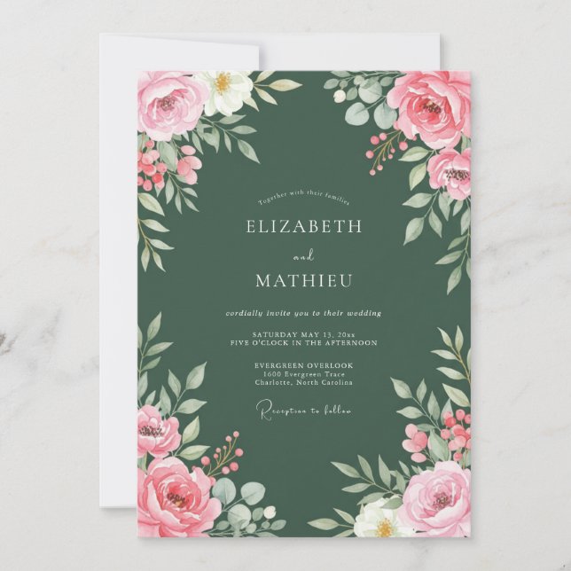 Forest Green Classical Botanical Wedding Invitation (Front)