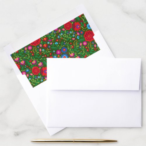 Forest Green Colorful Floral Mexican Embroidery Envelope Liner