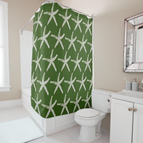 Forest Green Coral Starfish Pattern Nautical Beach Shower Curtain