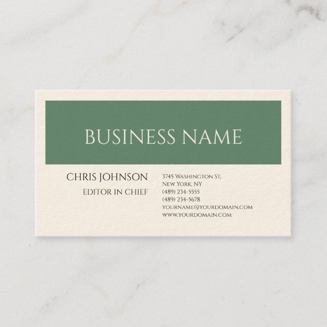 Forest Green & Cream Plain Minimalist Artistic Business Card (Front)