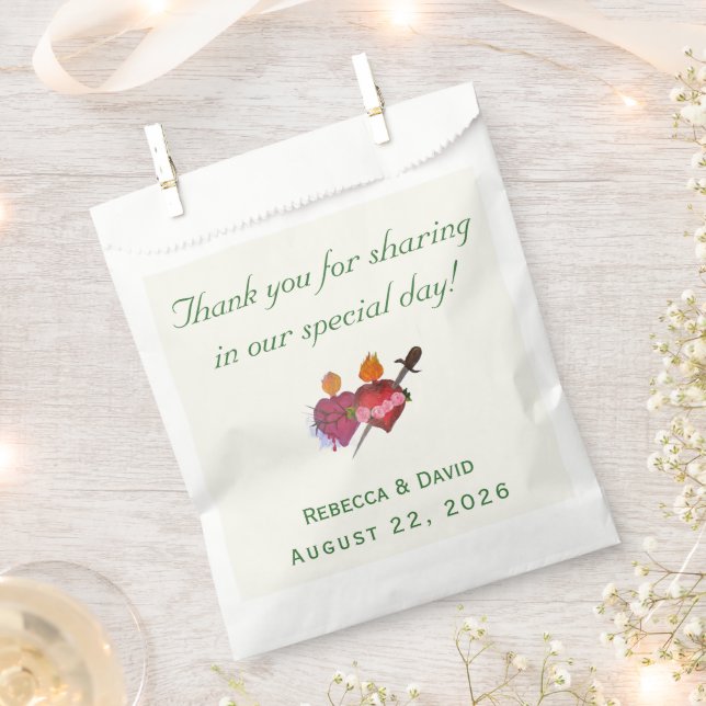 Forest-Green & Cream Two Hearts Catholic Wedding Favor Bag (Clipped)