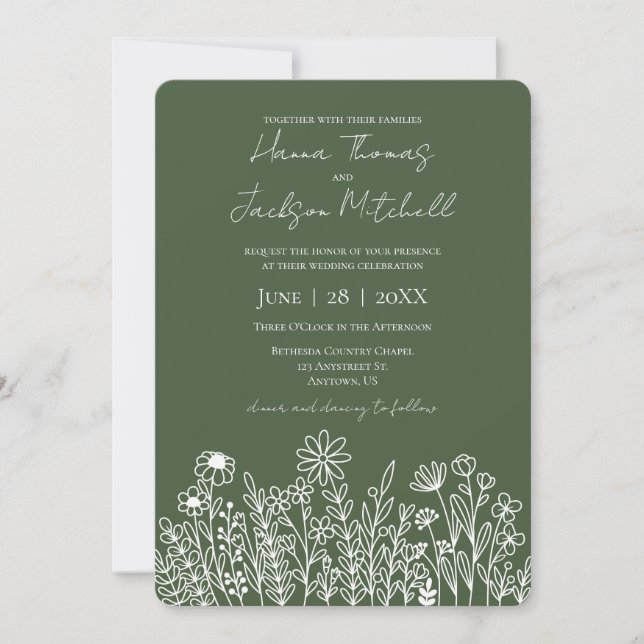 Forest Green Dark Wildflower Simple Wedding Invitation (Front)