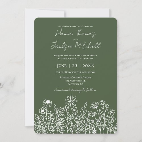 Forest Green Dark Wildflower Simple Wedding Invitation