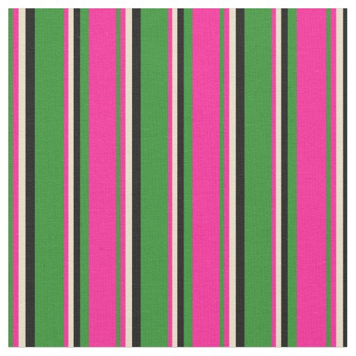 Forest Green, Deep Pink, Tan & Black Stripes Fabric