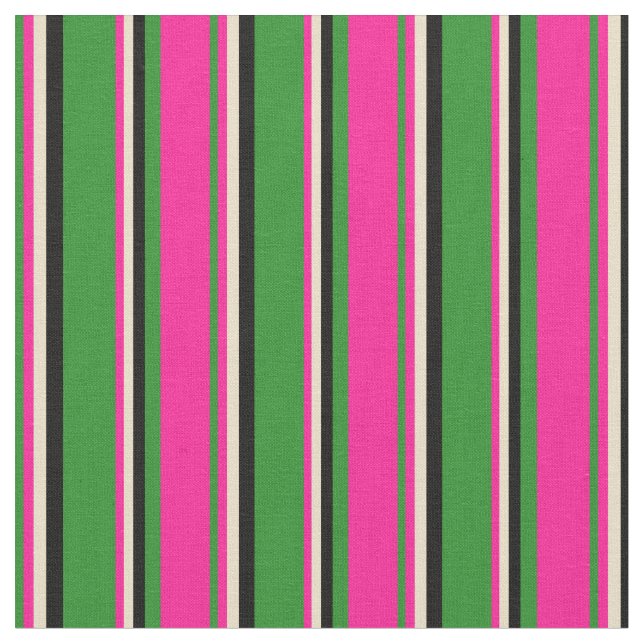 Forest Green, Deep Pink, Tan & Black Stripes Fabric (Close Up)