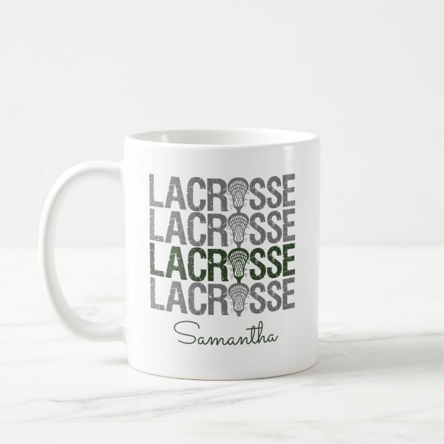 Forest Green Distressed Lacrosse Word Coffee Mug (Left)