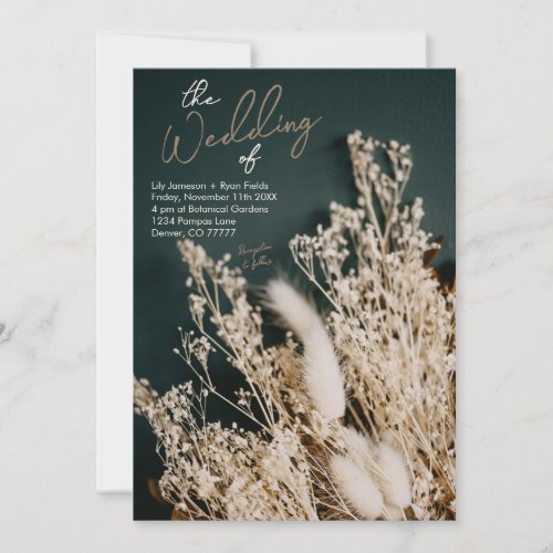 Forest Green Dried Floral Boho Rustic Wedding Invitation