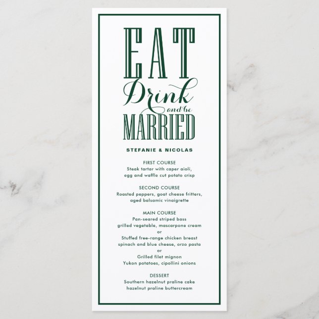 Forest Green Eat, Drink and Be Married Wedding Menu (Front)
