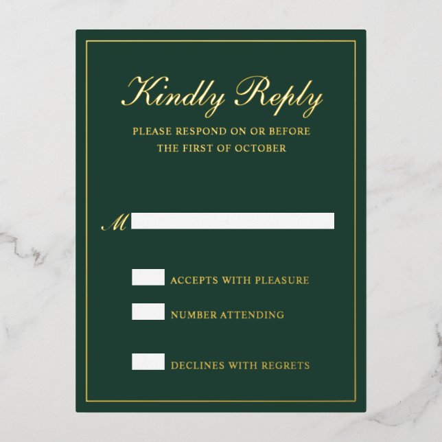 Forest Green Elegant Wedding Foil RSVP Card (Front)