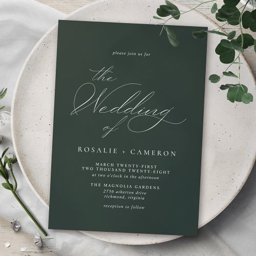 Forest Green Emerald  Delicate Script Wedding Invitation