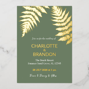 Forest Green Ferns Outdoors Wedding Gold  Foil Invitation