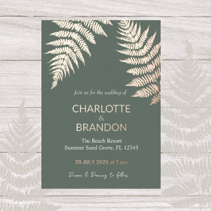 Forest Green Ferns Outdoors Wedding Gold  Foil Invitation