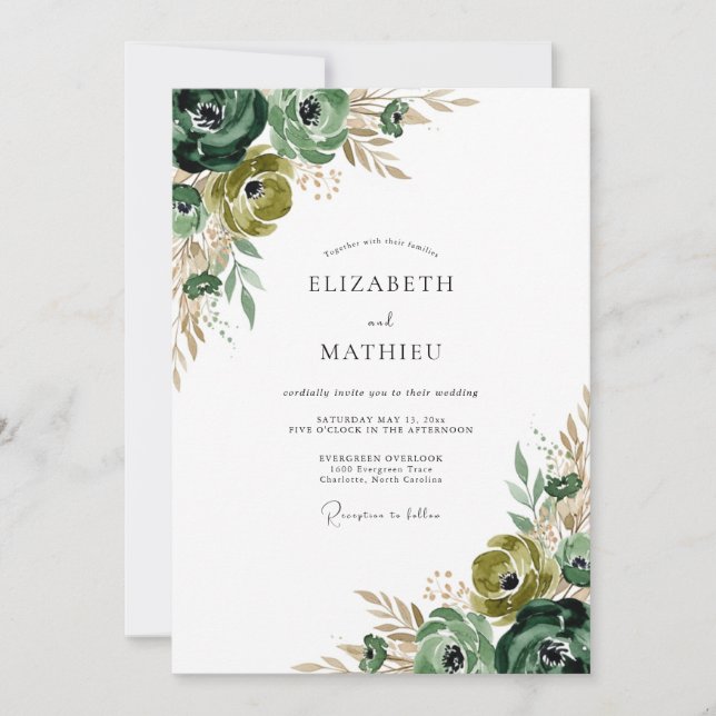Forest Green Floral Brushstroke Wedding Invitation (Front)