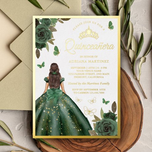 Forest Green Floral Butterfly Quinceanera Gold Foil Invitation