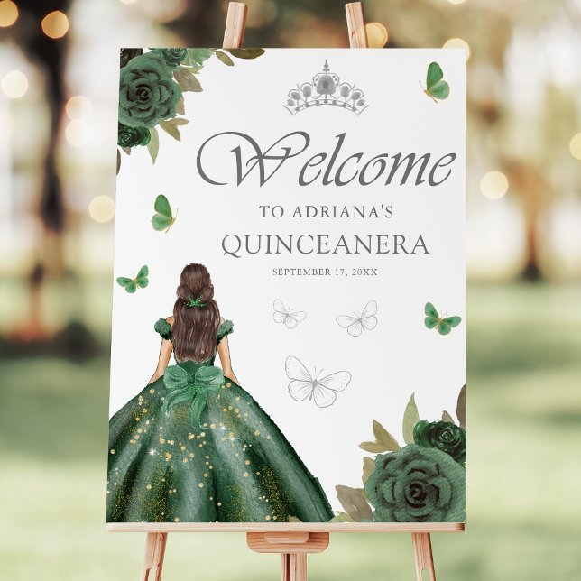 Forest Green Floral Butterfly Quinceanera Welcome Foam Board (Creator Uploaded)