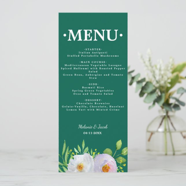 Forest Green Floral Printable Wedding Menu Card (Standing Front)