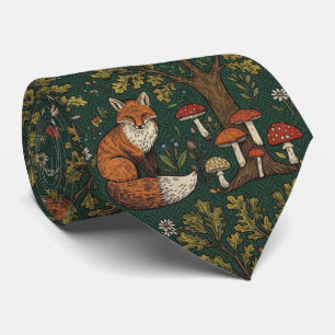 Forest Green Fox & Mushrooms  Neck Tie