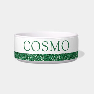 Forest Green Glitter Modern Christmas Name Pet Bowl
