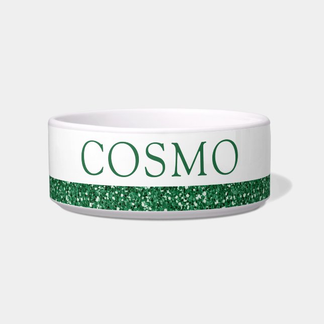 Forest Green Glitter Modern Christmas Name Pet Bowl (Front)