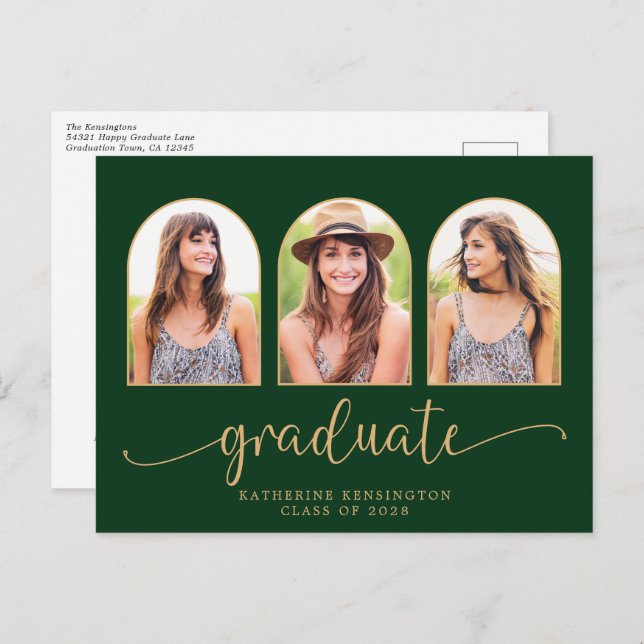 Forest Green Gold Arch 3 Photo Graduation Announcement Postcard (Front/Back)