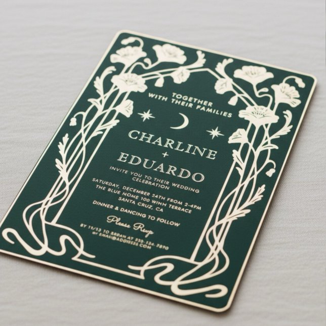 Forest Green & Gold Art Nouveau Wedding Invitation Foil Invitation (Creator Uploaded)
