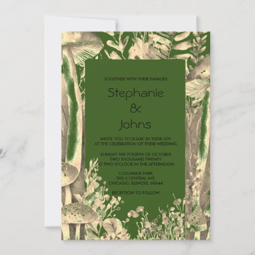 Forest Green Gold Artsy Mushroom Woodland Wedding Invitation