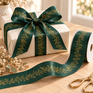 Forest Green Gold Botanical Garland Ribbon