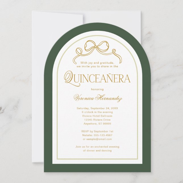 Forest Green Gold Bow 15th Quinceanera Birthday Invitation (Front)