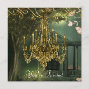 Forest Green Gold Chandelier Party Invitations