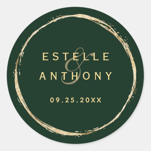 Forest Green Gold Circle Frame Ampersand Wedding Classic Round Sticker