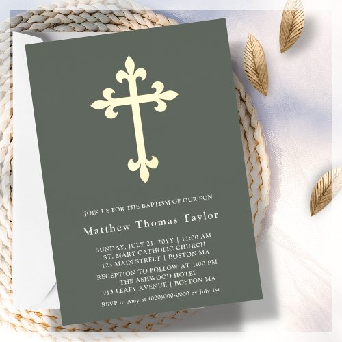 Forest Green Gold Cross Baptism  Foil Invitation